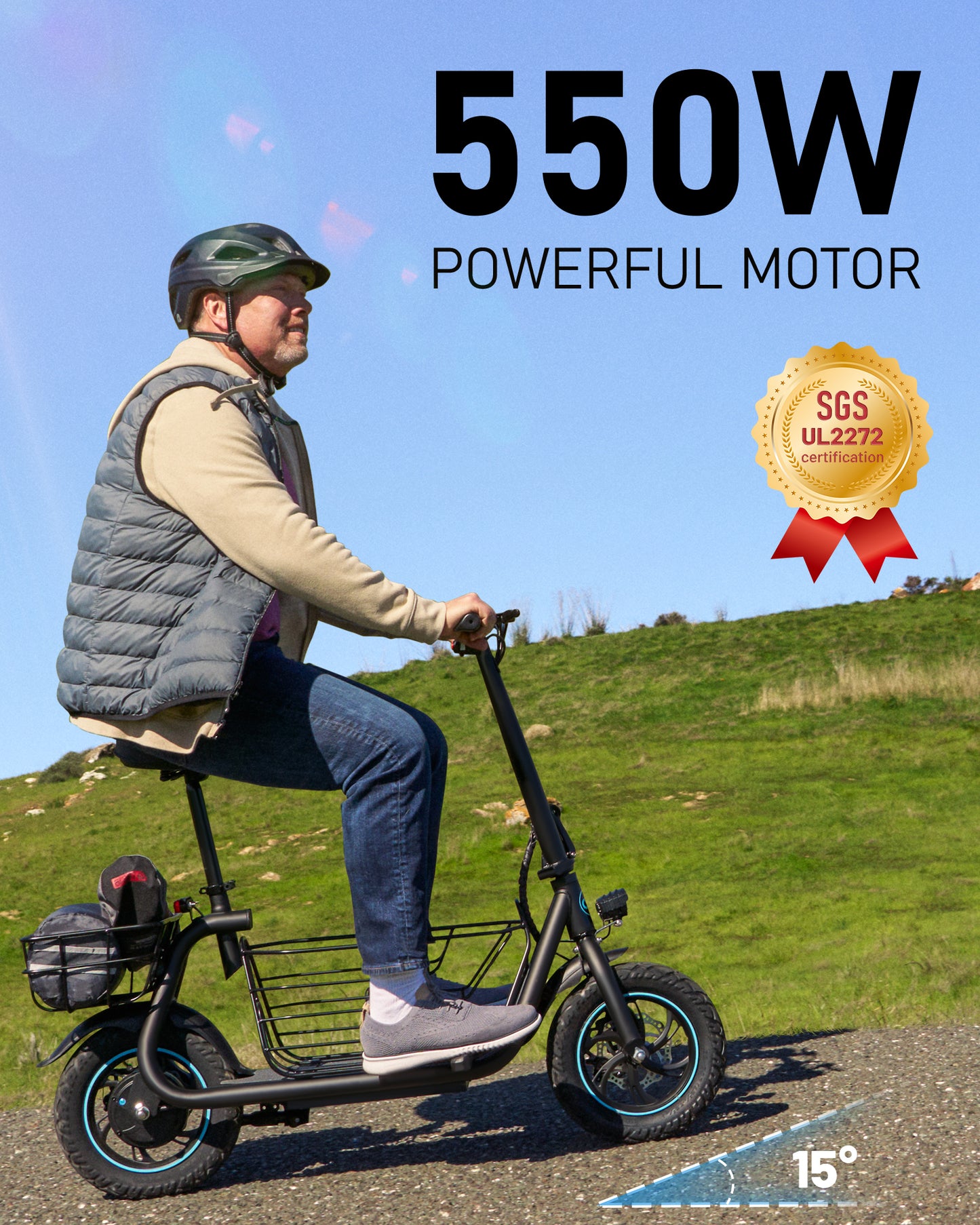 Electric Scooter with Seat,550W Motor,18.6MPH Top Speed, 20 Miles Range,Adults Electric Scooter with Large Storage Basket for Pets Dogs and Items C1S-FB4